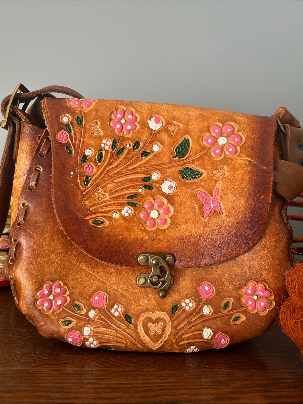 Vintage Hand-Tooled Floral Leather Shoulder Bag - Brown with PaintedPink Accents - Picture 2 of 12
